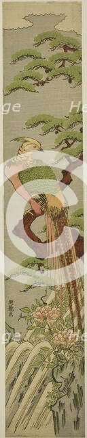 Golden Pheasant on a Pine Tree above Peonies and Waterfall, c. 1780. Creator: Isoda Koryusai.