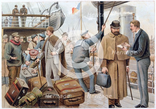 Passengers joining a P&O liner in the Thames, c1890.  Artist: P&O Pencillings