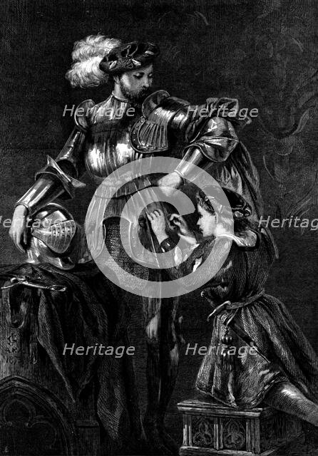 "A Knight Arming", by Sir John Gilbert; Exhibition of the Society of Painters in Water Colours, 1873 Creator: Unknown.