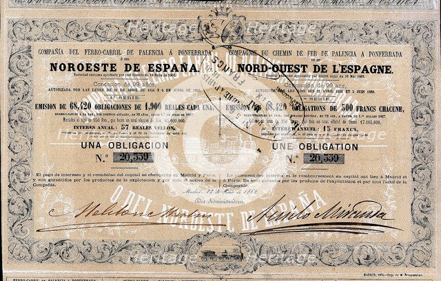 Bond of 1900 reales to the 3% of the Compañía del Ferrocarril de Palencia a Ponferrada (Railway C…