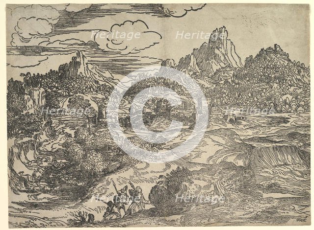 Landscape with family walking together in the foreground, at left two figures with ..., ca. 1535-40. Creator: Domenico Campagnola.