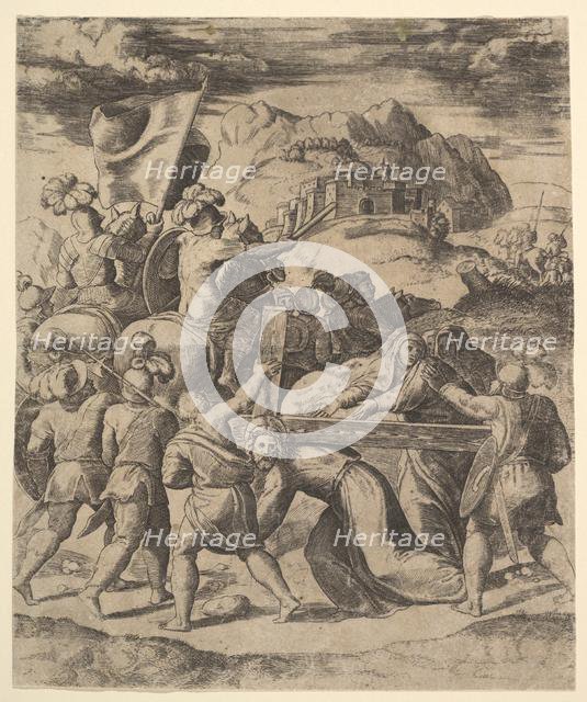 Christ carrying the cross surrounded by soldiers, several on horseback, 1530-60. Creator: Master of the Die.