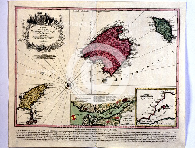 Map of the Majorca, Menorca and Ibiza islands, in hand engraving and colored, with a box showing …