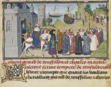 The Byzantine Emperor Welcoming Roussillon and Martel, 1468-1470. Artist: Liédet, Loyset (1420-1479)