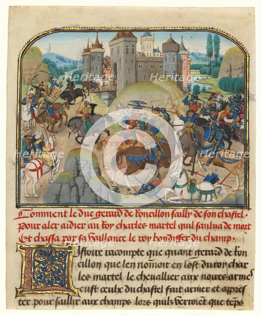 Roussillon Going to Martel's Aid; Histoire de Charles Martel, written 1463-65; illuminated 1467-72. Creators: Loyset Liedet, Pol Fruit.