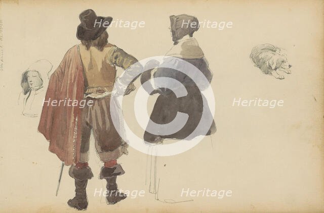 Figures in seventeenth-century clothing and a dog, c. 1846-c. 1882. Creator: Cornelis Springer.