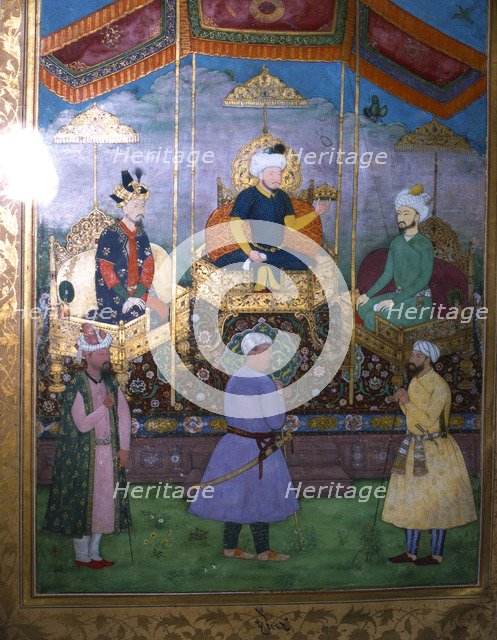 Timur hands his crown to Babur Mughal, c1630. Artist: Unknown.
