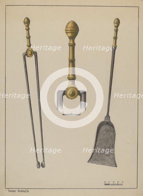Fire Tongs and Shovel, c. 1937. Creator: Hans Korsch.