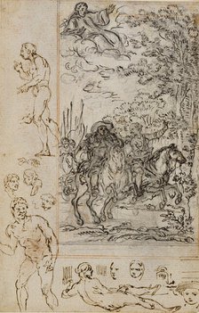 Study for Vignette in Voltaire's "La Pucelle d'Orleans", with Sketches of Heads and Nud..., c. 1762. Creator: Hubert Francois Gravelot.