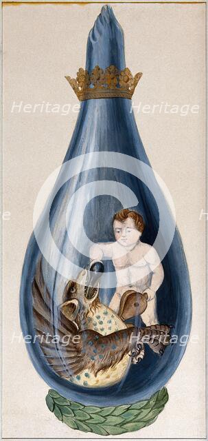 A putto pours a phial into a dragon's mouth, pumping a bellows with his other hand..., 1900-1909. Creator: Edith Annie Ibbs.