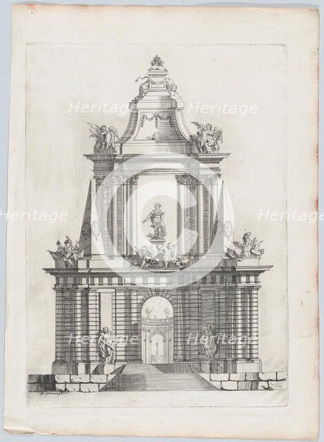 Triumphal arch with three crowns at top, a fountain in the distance, 1726. Creator: Carl Hårleman.