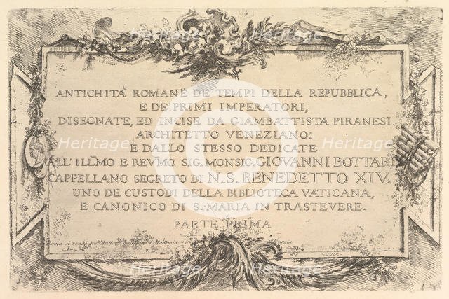 Title page: Roman Antiquity of the Time of the Republic and the First Emperors (Antich..., ca. 1748. Creator: Giovanni Battista Piranesi.