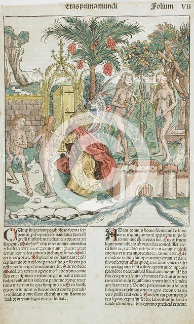 The Fall and Expulsion of Adam and Eve from Paradise, published 1493. Creator: Michael Wolgemut.