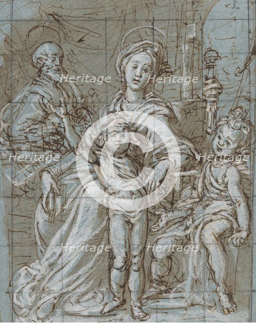 Holy Family with the Infant St. John the Baptist (recto); large-scale cropped sketches..., 1590-92. Creator: Gregorio Pagani.