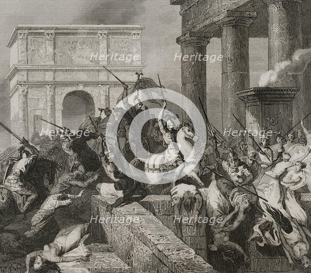 Sack of Rome by the Visigoths led by Alaric I in 410, during the reign of Emperor Honorius, 1853.  Creator: Unknown.