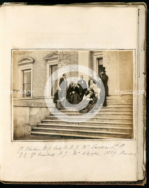 Untitled [group on the steps of Broadlands], 1859.  Creator: Unknown.