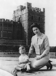 Queen Elizabeth II and Prince Andrew in the grounds of Windsor Castle, early 1960s. Artist: Unknown