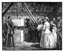 Queen Victoria laying the foundation stone of the Royal Albert Hall, London, 1860s. Artist: Unknown