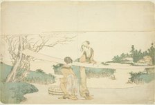 Two women stretching cloth, Japan, c. 1797/98. Creator: Hokusai.