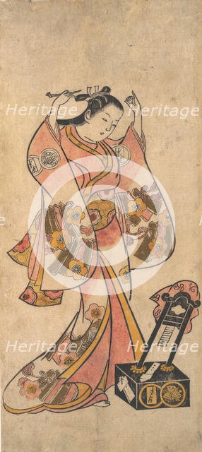 Sanjo Kantaro as a Woman Arranging Her Hair Before a Lacquer Mirror, before 1763. Creator: Attributed to Torii Kiyomasu II.