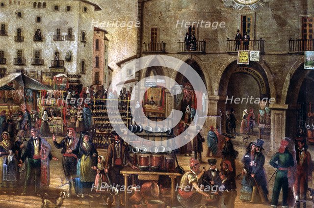 Assumption Fair in the Main Square of Manresa, detail of a painting by Marià Folch.