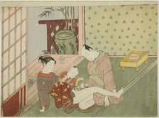 Lovers with Young Attendant Looking on, from an untitled series of erotic prints, c. 1766. Creator: Suzuki Harunobu.