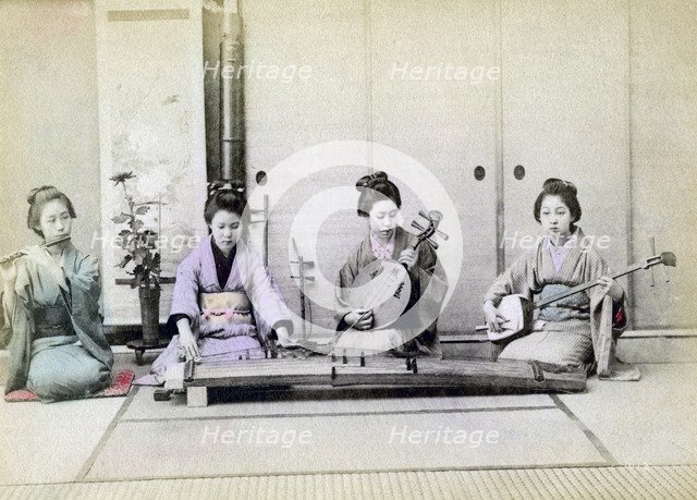 Geisha playing traditional musical instruments, Japan, 1880. Artist: Unknown