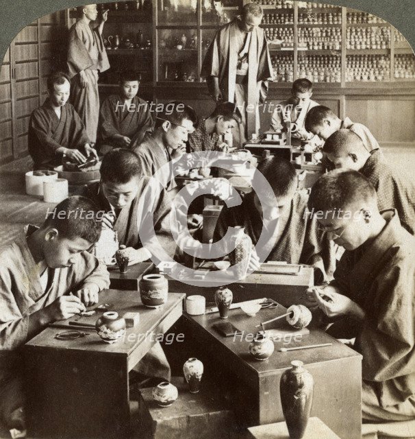 Expert workmen creating designs in cloisonne, Kyoto, Japan, 1904. Artist: Underwood & Underwood