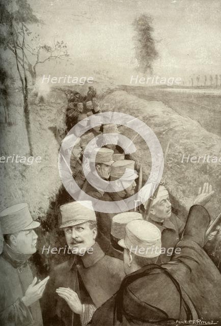 'The Hero King of Belgium in the Trenches with his Soldiers', 1915. Creator: Unknown.