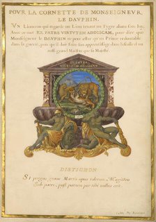 Escutcheon with a Lion Attacking a Cheetah; Nine Emblems for Louis XIV, about 1663-1668. Creator: Jacques Bailly.