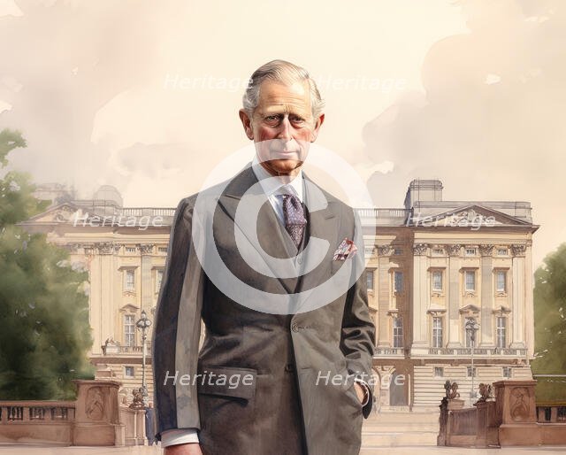 AI Image - Portrait of King Charles III standing in front of Buckingham Palace, 2023. Creator: Heritage Images.