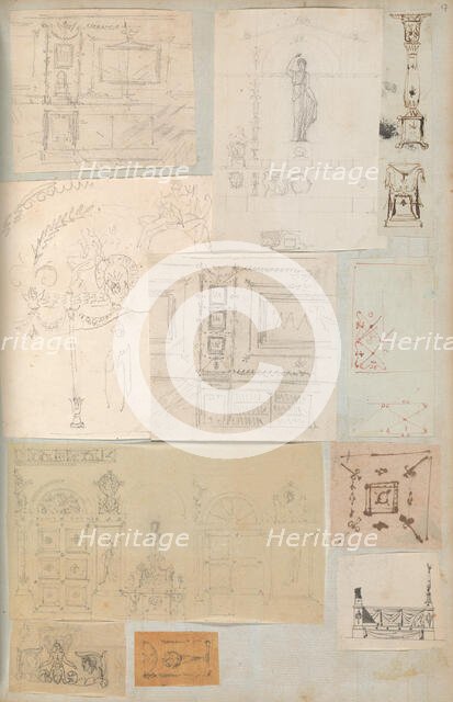 Page from a Scrapbook containing Drawings and Several Prints of Architecture, Int..., ca. 1800-1850. Creators: Workshop of Charles Percier, Workshop of Pierre François Léonard Fontaine.