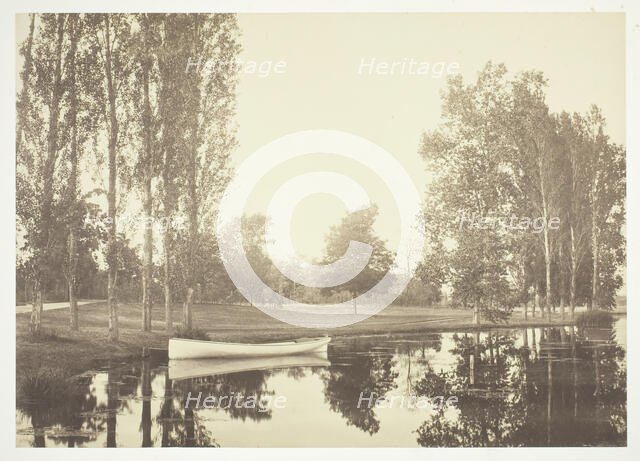 Untitled, c. 1850. [Boat on a lake in the Bois de Boulogne, a park in Paris].  Creator: Charles Marville.