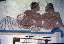 Fresco in the tomb of Tuffatore representing two men at a banquet.
