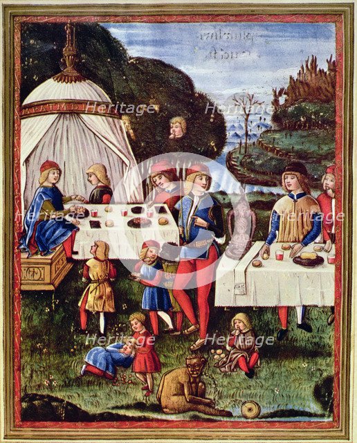 The little Maximilian Sforza makes an afternoon snack in the garden, miniature in the work 'Gramm…