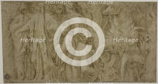 Story of Niobe: Niobe Receiving Gifts from Worshippers; Youth with Horse, n.d. Creator: Unknown.