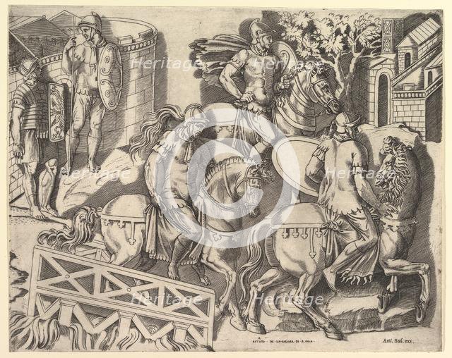 Speculum Romanae Magnificentiae: Roman Horsemen Crossing a Bridge (from Trajan's C..., 16th century. Creator: Marco Dente.