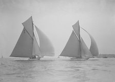 'Ostara' & 'Mariska' running downwind under full sail, 1911. Creator: Kirk & Sons of Cowes.