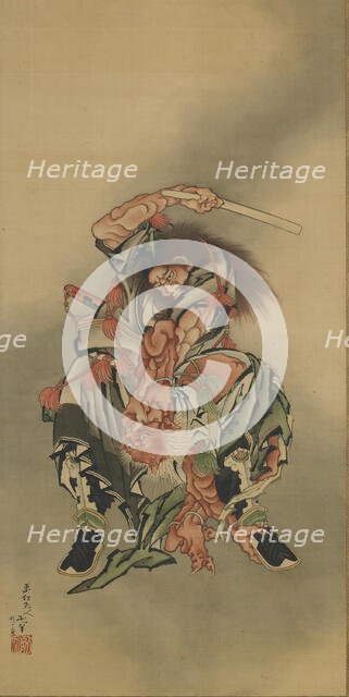 Zhong Kui (Shoki) killing a demon, Edo period, 1760-1868. Creator: Hokusai.