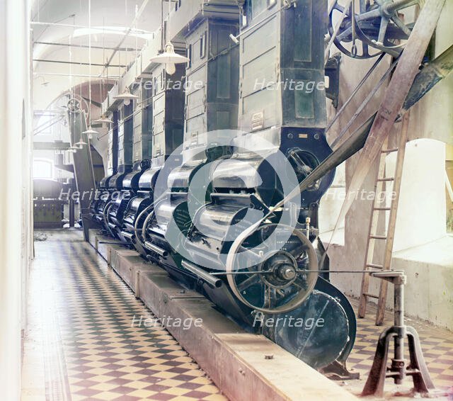 Cotton gin (?), in interior of mill, probably in Tashkent, between 1905 and 1915. Creator: Sergey Mikhaylovich Prokudin-Gorsky.