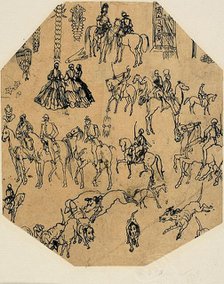 Sheet of Sketches: Hounds, Riders, Ladies. Architectural Elements, Insects, n.d. Creator: Rodolphe Bresdin.