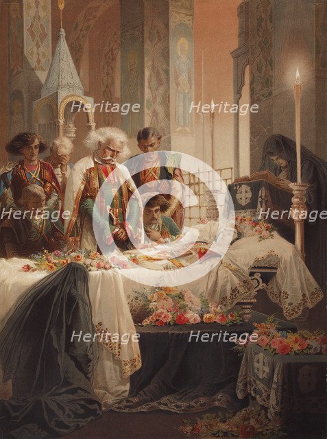 Tamara in the coffin. Illustration to the poem The Demon by Mikhail Lermontov, c. 1880. Artist: Zichy, Mihály (1827-1906)