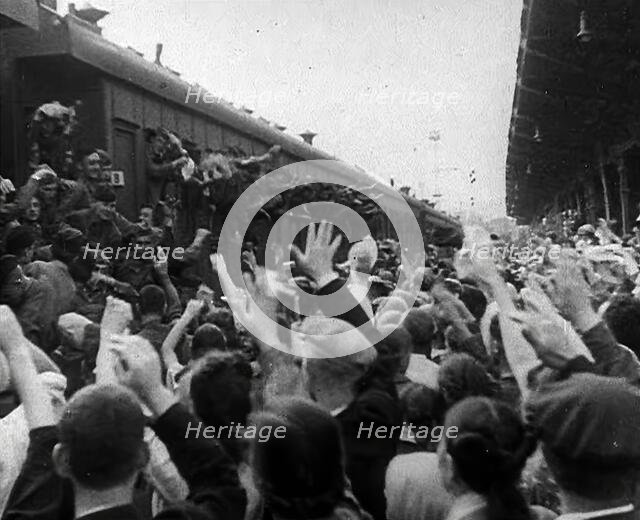 Russian Soldiers Being Waved to as They Head Off to the Front by Train, 1941. Creator: British Pathe Ltd.