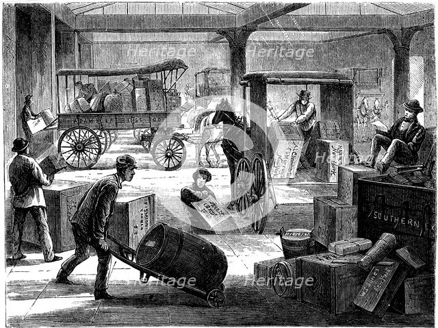Loading up horse-drawn vans at the Wells Fargo general office, New York, USA, 1875. Artist: Unknown