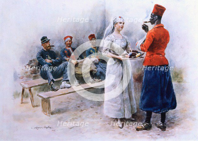 The Favourite Nurse with Zouaves and Soldiers during WWI, 1915 (Colour Lithograph)