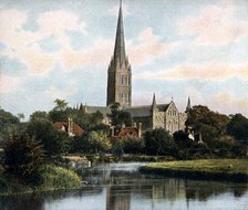 Salisbury Cathedral as seen from the River Avon, Salisbury, Wiltshire, early 20th century. Artist: Unknown