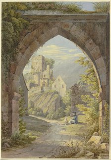 Gothic arch with a view of a castle, 19th century. Creator: Georg von Krieg.