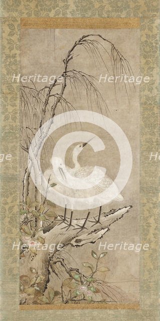 Winter Landscape of Two Herons, Willow, and Tea Plants Blossoms, c1550. Creator: Anon.
