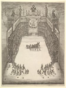 Theater at Modena, seen from above and filled with spectators, with a triumphal car at cen..., 1652. Creator: Stefano della Bella.