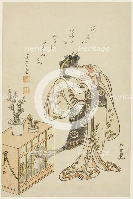 Young Woman with a Caged Monkey (Calendar Print for New Year 1776), Japan, 1776. Creator: Shunsho.